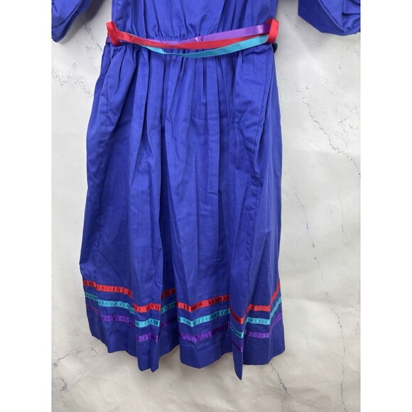 Vintage 70s Prairie Dress Kids Girls Sz 10 cottagecore Folk Blue Novelty Ribbon - Picture 10 of 16